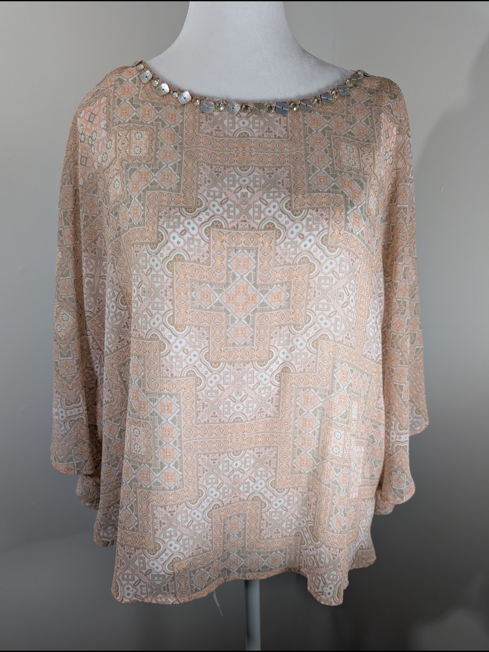 Ruby Rd Women's Semi Sheer Butterfly Poncho Top Beaded Neck